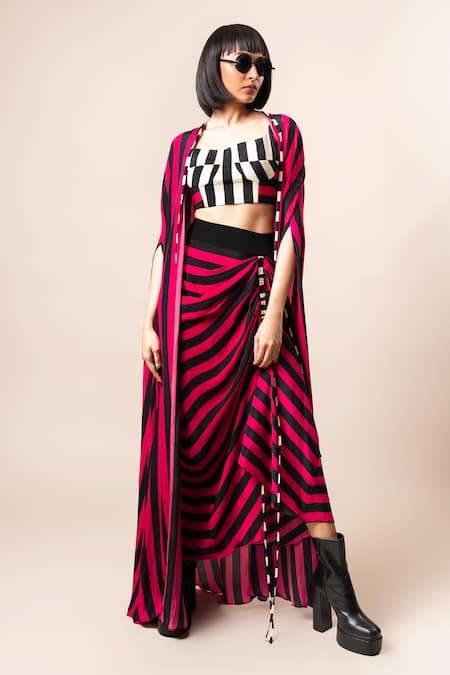 Nupur Kanoi Striped Print Cape Draped Skirt Set 