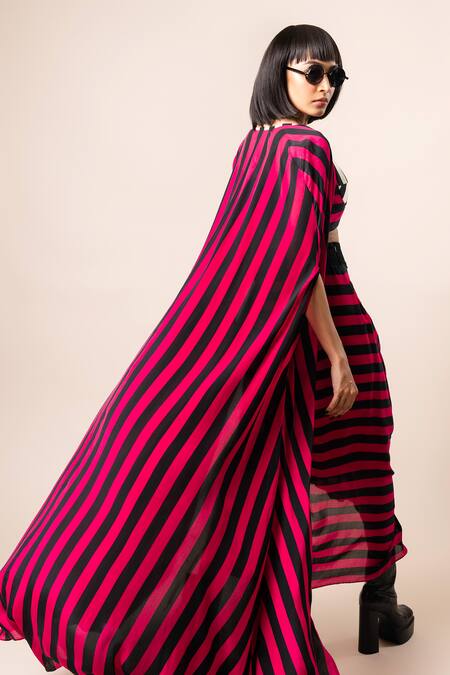 Shop_Nupur Kanoi_Magenta Crepe Round Neck Striped Print Cape Draped Skirt Set_at_Aza_Fashions