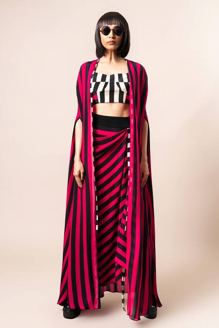 Nupur Kanoi_Magenta Crepe Round Neck Striped Print Cape Draped Skirt Set_Online_at_Aza_Fashions
