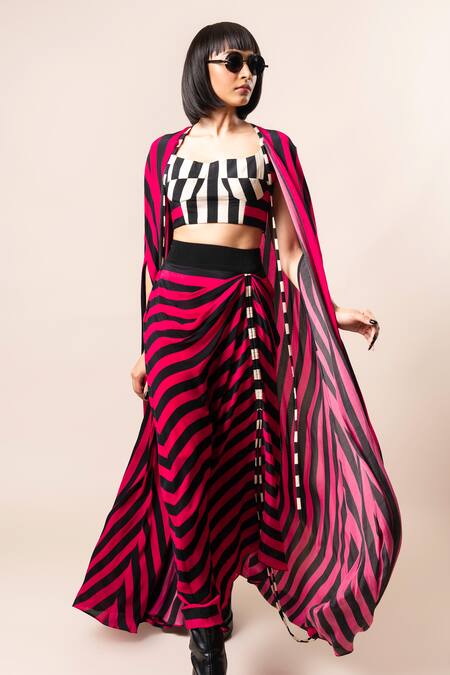 Buy_Nupur Kanoi_Magenta Crepe Round Neck Striped Print Cape Draped Skirt Set_Online_at_Aza_Fashions
