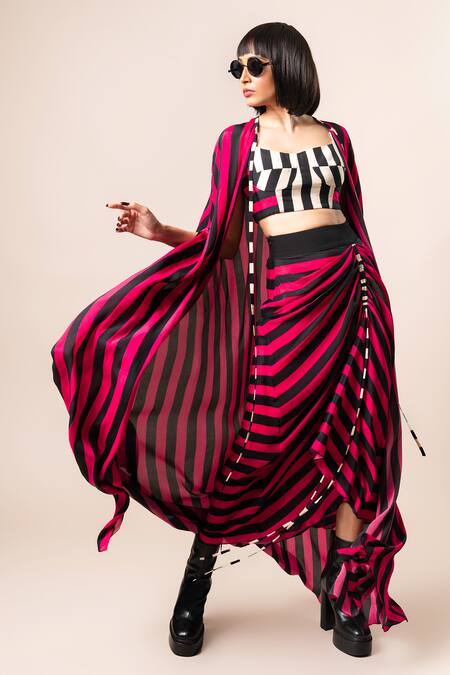 Shop_Nupur Kanoi_Magenta Crepe Round Neck Striped Print Cape Draped Skirt Set_Online_at_Aza_Fashions