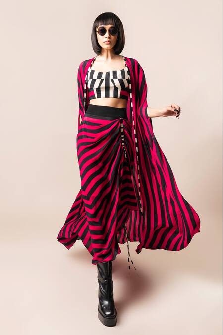 Nupur Kanoi_Magenta Crepe Round Neck Striped Print Cape Draped Skirt Set_at_Aza_Fashions