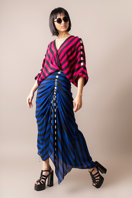 Buy Multi Color Crepe Digital Printed Stripe V Neck Wrap Dress For Women by Nupur  Kanoi Online at Aza Fashions.