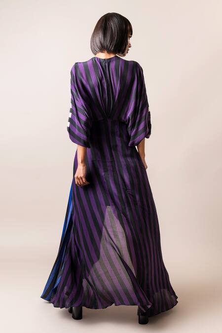 Shop_Nupur Kanoi_Multi Color Crepe V-neck Colorblock Stripe Print Hankie Dress_at_Aza_Fashions