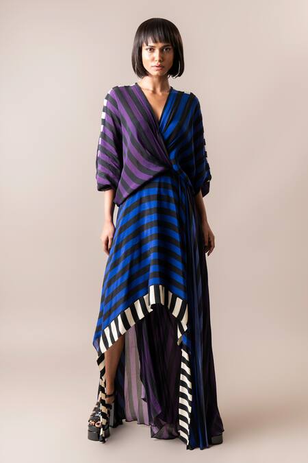 Nupur Kanoi_Multi Color Crepe V-neck Colorblock Stripe Print Hankie Dress_Online_at_Aza_Fashions
