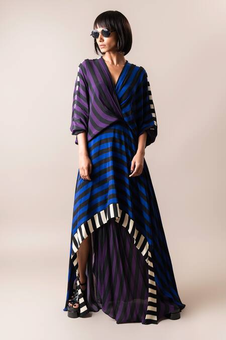 Buy_Nupur Kanoi_Multi Color Crepe V-neck Colorblock Stripe Print Hankie Dress_Online_at_Aza_Fashions