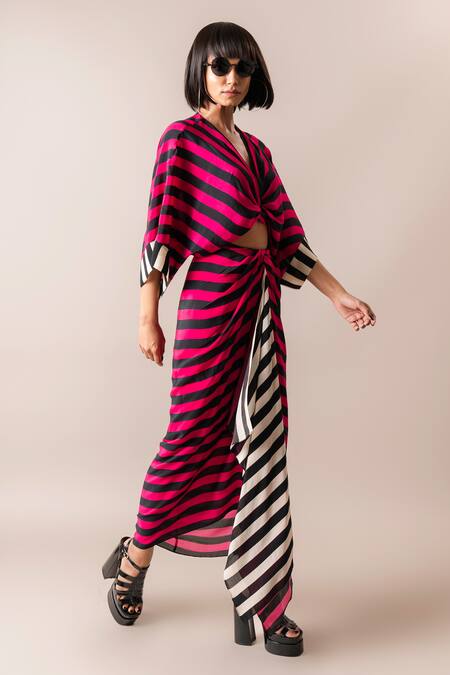Nupur Kanoi_Multi Color Crepe V-neck Stripe Print Top And Draped Skirt Set_Online_at_Aza_Fashions