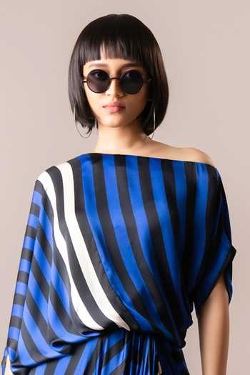 Nupur Kanoi_Multi Color Satin Scoop Neck One Shoulder Stripe Print Top And Cowl Skirt Set_Online_at_Aza_Fashions
