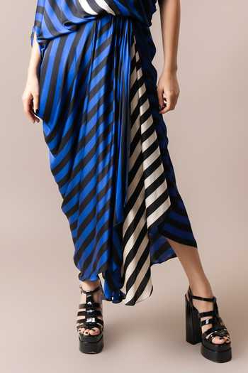 Buy_Nupur Kanoi_Multi Color Satin Scoop Neck One Shoulder Stripe Print Top And Cowl Skirt Set_Online_at_Aza_Fashions