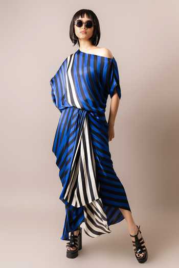 Shop_Nupur Kanoi_Multi Color Satin Scoop Neck One Shoulder Stripe Print Top And Cowl Skirt Set_Online_at_Aza_Fashions
