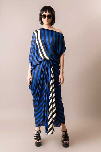 Buy_Nupur Kanoi_Multi Color Satin Scoop Neck One Shoulder Stripe Print Top And Cowl Skirt Set
