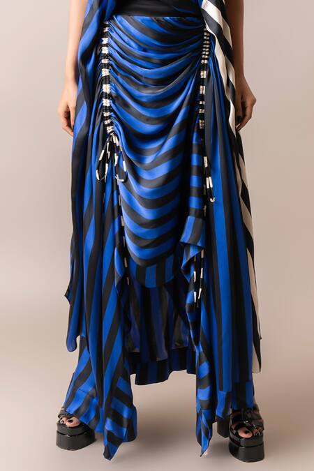 Buy_Nupur Kanoi_Multi Color Satin Scoop Strappy Singlet Stripe Print Top And Gathered Skirt Set_Online_at_Aza_Fashions