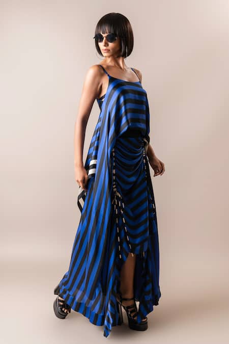 Shop_Nupur Kanoi_Multi Color Satin Scoop Strappy Singlet Stripe Print Top And Gathered Skirt Set_Online_at_Aza_Fashions