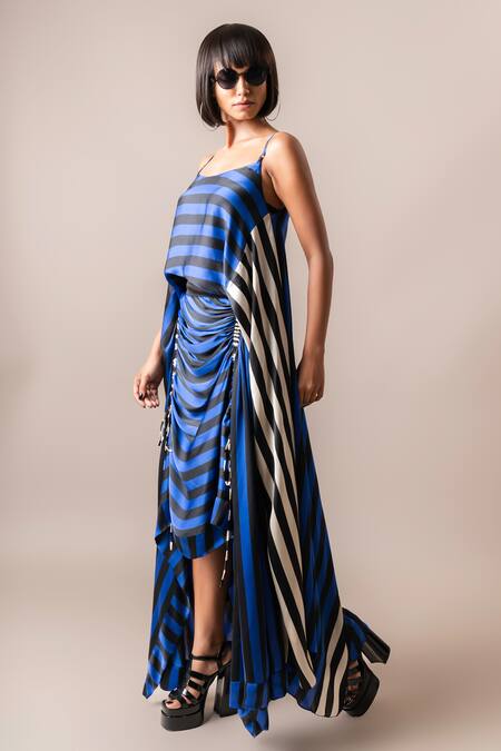 Nupur Kanoi_Multi Color Satin Scoop Strappy Singlet Stripe Print Top And Gathered Skirt Set_at_Aza_Fashions