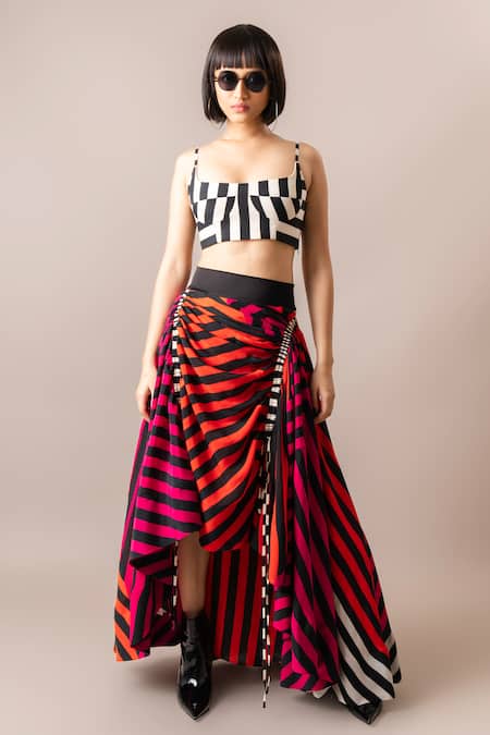 Nupur Kanoi Multi Color Crepe Digital Printed Stripe Bustier And Lehenga Skirt Set 