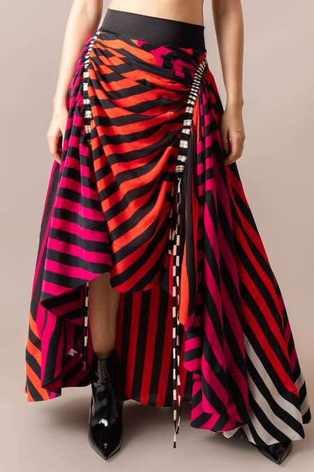 Buy Nupur Kanoi Multi Color Crepe Square Neck Stripe Print Bustier And Lehenga Skirt Set Online at Aza Fashions Buy_Nupur Kanoi_Multi Color Crepe Square Neck Stripe Print Bustier And Lehenga Skirt Set_Online_at_Aza_Fashions