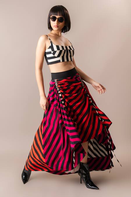 Shop_Nupur Kanoi_Multi Color Crepe Square Neck Stripe Print Bustier And Lehenga Skirt Set_Online_at_Aza_Fashions