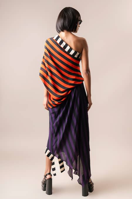 Shop_Nupur Kanoi_Multi Color Crepe Digital Printed Stripe One Shoulder Sack Dress  _at_Aza_Fashions