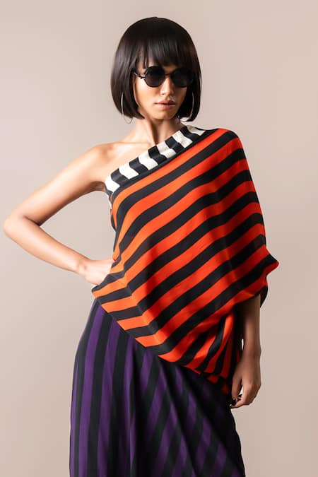 Nupur Kanoi_Multi Color Crepe Digital Printed Stripe One Shoulder Sack Dress  _Online_at_Aza_Fashions