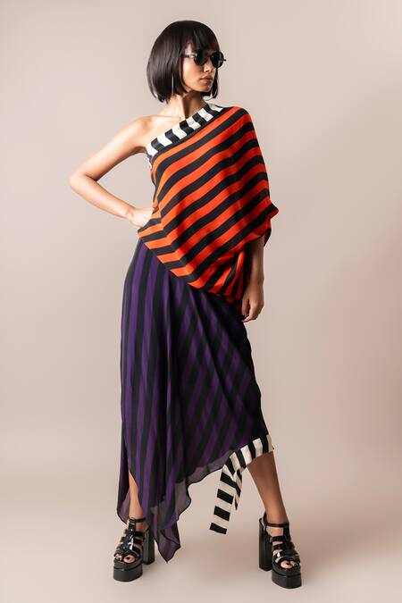 Buy_Nupur Kanoi_Multi Color Crepe Digital Printed Stripe One Shoulder Sack Dress  _Online_at_Aza_Fashions