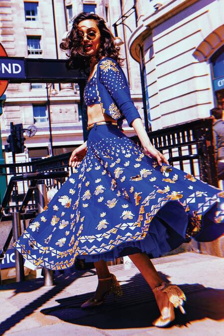 Buy_Papa Dont Preach_Blue Silk, Crepe Sequins, Applique Runaway Bride Embellished Jacket Lehenga Set_Online_at_Aza_Fashions