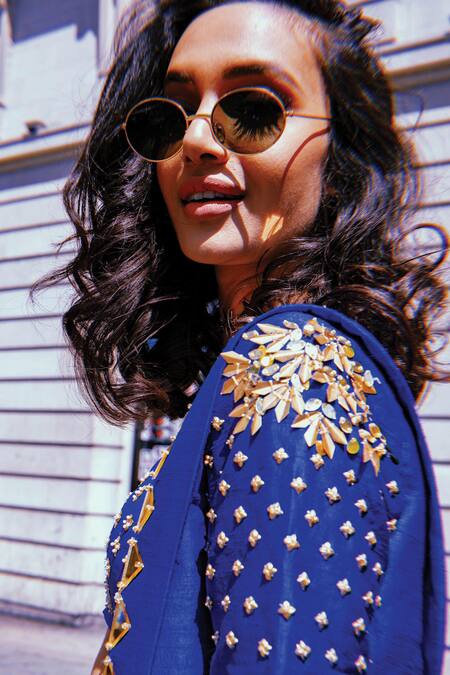 Papa Dont Preach_Blue Silk, Crepe Sequins, Applique Runaway Bride Embellished Jacket Lehenga Set_at_Aza_Fashions