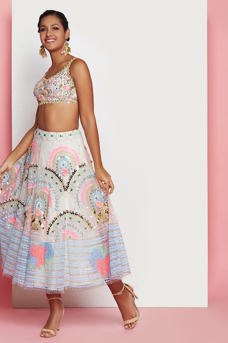 Buy_Papa Dont Preach_Ivory Tulle, Silk Sequins, Beads Tiana Embroidered Half Lehenga With Blouse_Online_at_Aza_Fashions