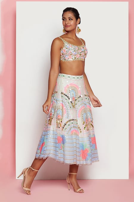 Shop_Papa Dont Preach_Ivory Tulle, Silk Sequins, Beads Tiana Embroidered Half Lehenga With Blouse_Online_at_Aza_Fashions