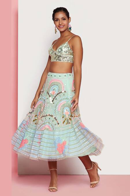 Papa Don't Preach_Green Tulle Sequins, Beads V-neck Ariel Embroidered Lehenga With Blouse _Online_at_Aza_Fashions