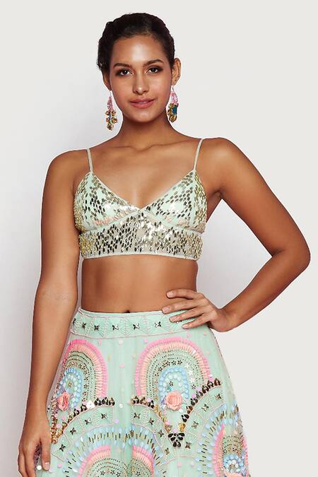 Buy_Papa Don't Preach_Green Tulle Sequins, Beads V-neck Ariel Embroidered Lehenga With Blouse _Online_at_Aza_Fashions