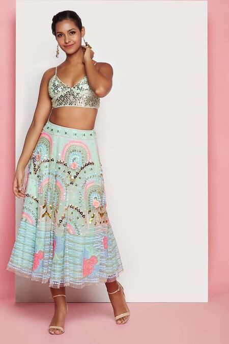 Shop_Papa Don't Preach_Green Tulle Sequins, Beads V-neck Ariel Embroidered Lehenga With Blouse _Online_at_Aza_Fashions