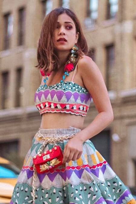 Shop Papa Dont Preach Multi Color Silk Square Neck Artiste Hand Painted Half Lehenga Set at Aza Fashions Shop_Papa Dont Preach_Multi Color Silk Square Neck Artiste Hand Painted Half Lehenga Set_at_Aza_Fashions