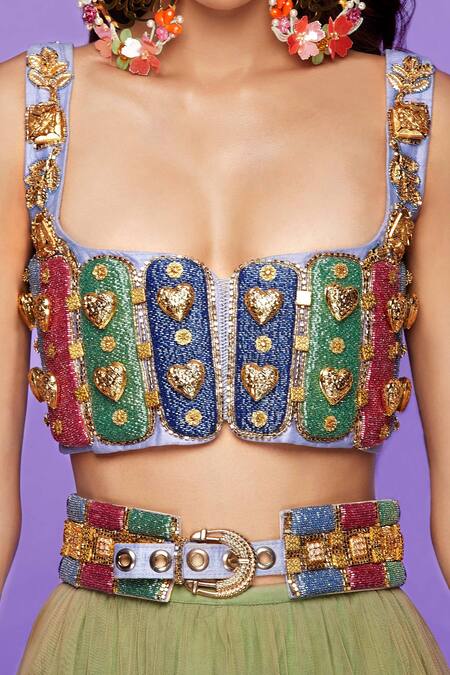 Papa Dont Preach_Green Tulle Embroidery Not Your Babygirl Embellished Bralette And Lehenga Set _Online_at_Aza_Fashions