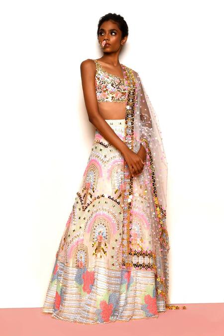 Buy Papa Dont Preach Ivory Tulle, Silk Beads, Daisy Dove Applique Embroidered Bridal Lehenga Set Online at Aza Fashions Buy_Papa Dont Preach_Ivory Tulle, Silk Beads, Daisy Dove Applique Embroidered Bridal Lehenga Set_Online_at_Aza_Fashions