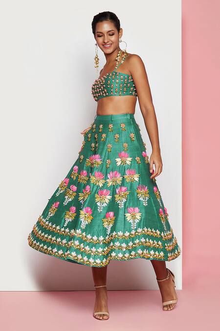 Papa Don't Preach_Green Silk Sequins, Beads Square Sacred Lotus Embellished Lehenga And Bustier Set _Online_at_Aza_Fashions