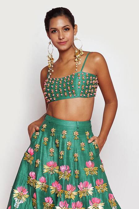 Buy_Papa Don't Preach_Green Silk Sequins, Beads Square Sacred Lotus Embellished Lehenga And Bustier Set _Online_at_Aza_Fashions