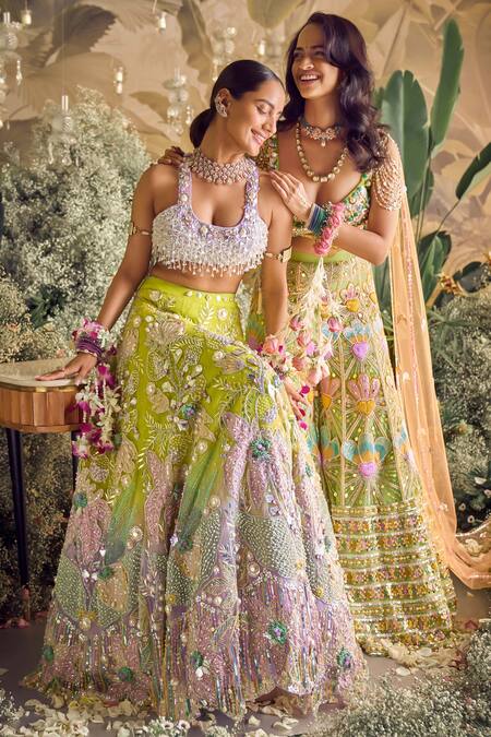 Papa Don't Preach_Green Tulle Sequins, Pearls, Metallic Thread, Ombre Embellished Lehenga Set _Online_at_Aza_Fashions