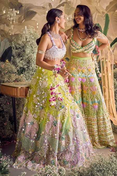 Buy_Papa Don't Preach_Green Tulle Sequins, Pearls, Metallic Thread, Ombre Embellished Lehenga Set _Online_at_Aza_Fashions