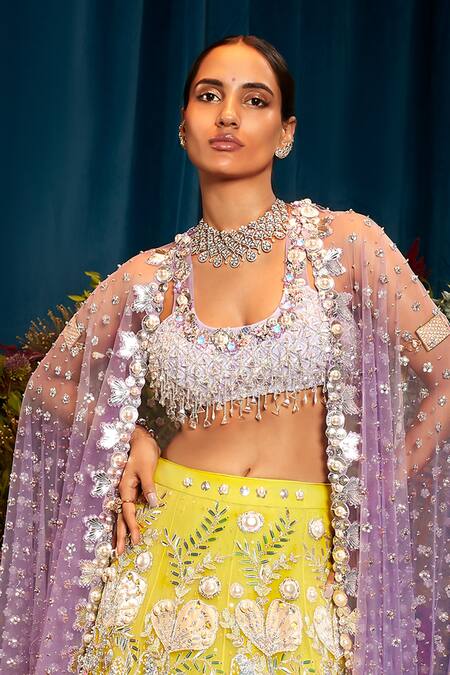 Shop_Papa Don't Preach_Green Tulle Sequins, Pearls, Metallic Thread, Ombre Embellished Lehenga Set _Online_at_Aza_Fashions