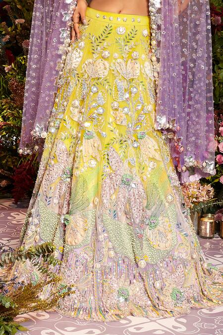 Papa Don't Preach_Green Tulle Sequins, Pearls, Metallic Thread, Ombre Embellished Lehenga Set _at_Aza_Fashions