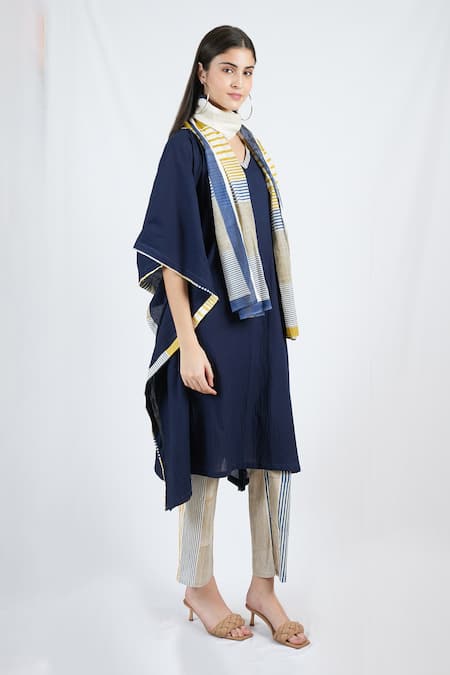 Shop_Banana Labs_Blue Cotton V-neck Solid Kaftan Printed Pant Set _Online_at_Aza_Fashions