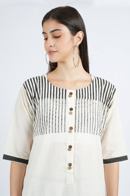 Buy_Banana Labs_White Cotton Round Neck Hand Block Print Kurta Pant Set 