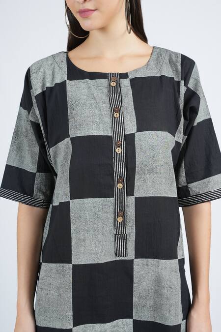 Buy_Banana Labs_Black Cotton Round Neck Box Hand Block Print Kurta Set 