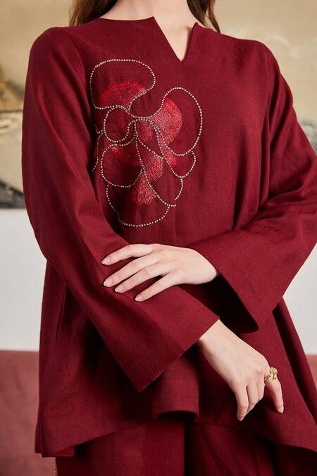 Pozruh By Aiman_Maroon Wool Embroidery Button-down Neck Saffrom Hand Long Top _Online_at_Aza_Fashions