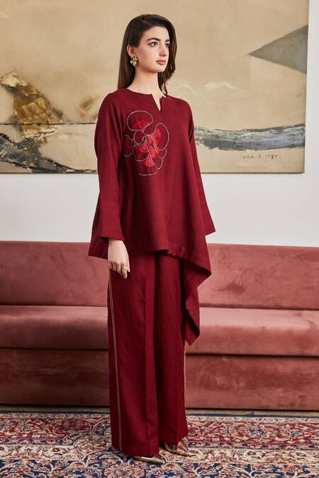 Buy_Pozruh By Aiman_Maroon Wool Embroidery Button-down Neck Saffrom Hand Long Top _Online_at_Aza_Fashions