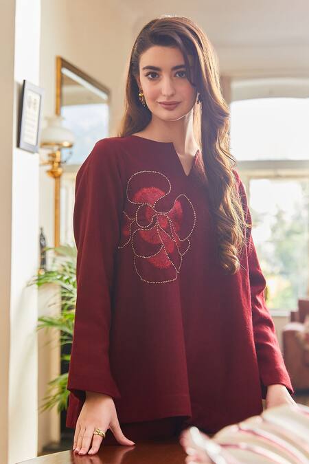 Shop_Pozruh By Aiman_Maroon Wool Embroidery Button-down Neck Saffrom Hand Long Top _Online_at_Aza_Fashions
