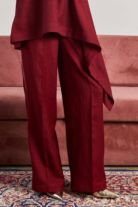 Buy Pozruh By Aiman Maroon Wool Embroidery Split V-neck Saffrom Hand Long Top With Trouser Online at Aza Fashions Buy_Pozruh By Aiman_Maroon Wool Embroidery Split V-neck Saffrom Hand Long Top With Trouser _Online_at_Aza_Fashions