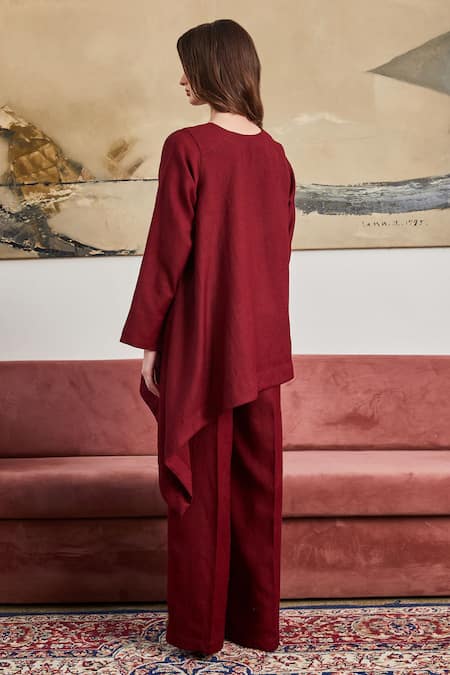 Shop Pozruh By Aiman Maroon Wool Embroidery Saffrom Straight Trouser at Aza Fashions Shop_Pozruh By Aiman_Maroon Wool Embroidery Saffrom Straight Trouser _at_Aza_Fashions