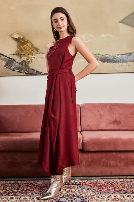 POZRUH Maroon Wool Embroidery Round Neck Darsa Placement Dress Online at Aza Fashions POZRUH_Maroon Wool Embroidery Round Neck Darsa Placement Dress_Online_at_Aza_Fashions