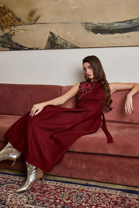 Shop POZRUH Maroon Wool Embroidery Round Neck Darsa Placement Dress Online at Aza Fashions Shop_POZRUH_Maroon Wool Embroidery Round Neck Darsa Placement Dress_Online_at_Aza_Fashions